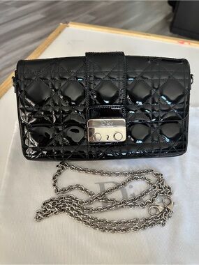 Dior Black Patent Quilted Crossbody with Silver Chain